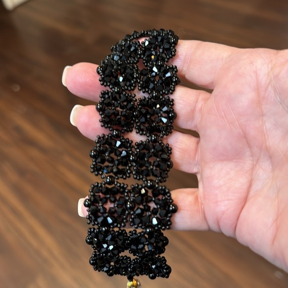 Gorgeous sparkling black cocktail handwoven cuff bracelet formal occasion - Picture 8 of 8
